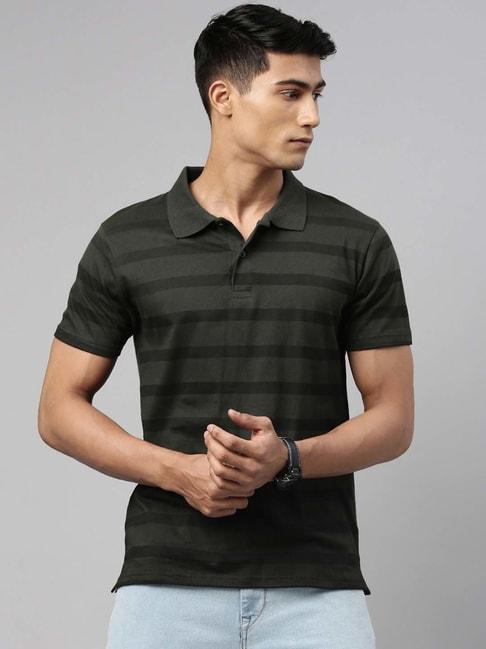 Kryptic Olive Regular Fit Striped Cotton Polo T-Shirt