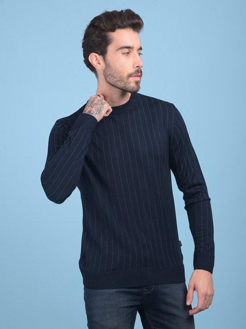Crimsoune Club Navy Blue Slim Fit Striped Sweater