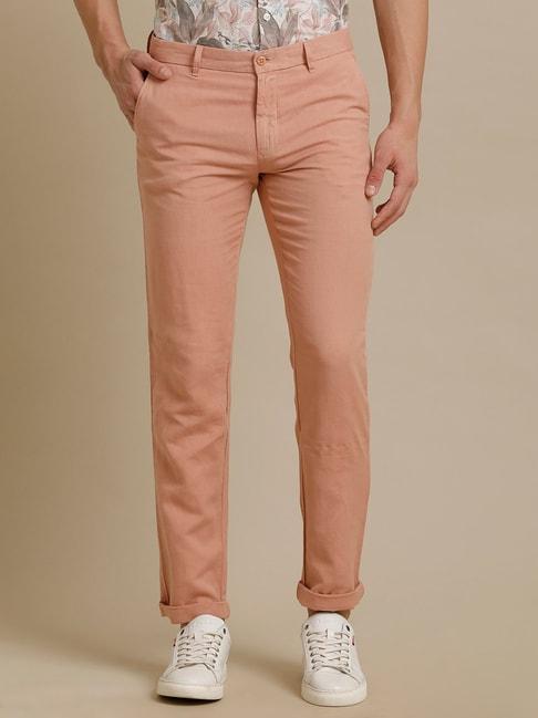 Linen Club Peach Regular Fit Linen Flat Front Trousers