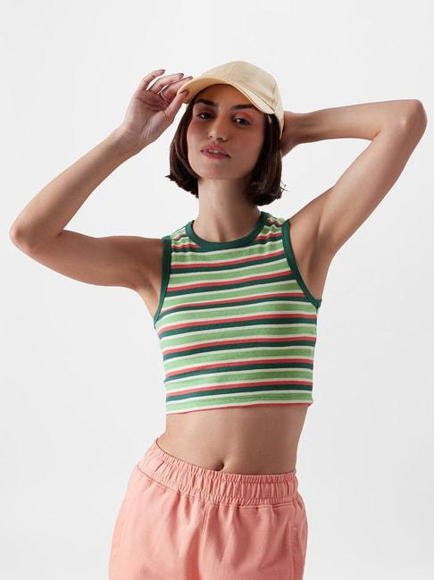 The Souled Store Green Cotton Striped Tank Top