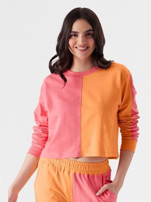 The Souled Store Orange & Pink Cotton Color-Block Crop T-Shirt