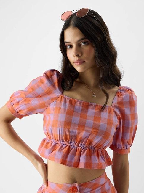 the-souled-store-orange-&-purple-cotton-chequered-crop-top