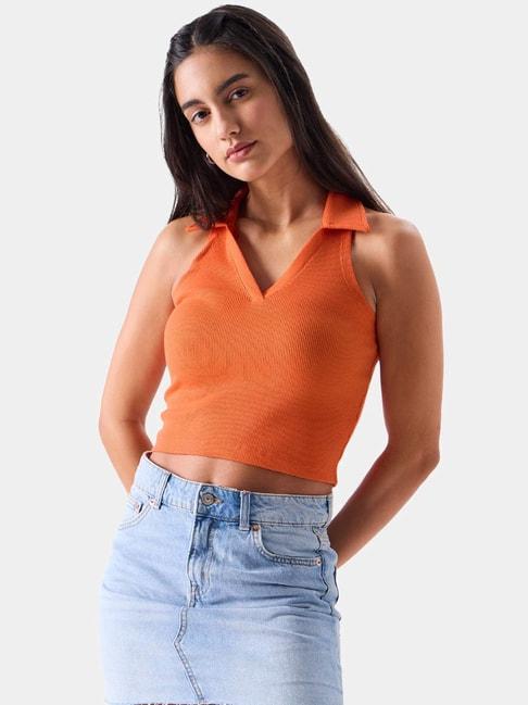 The Souled Store Orange Cotton Striped Crop Top