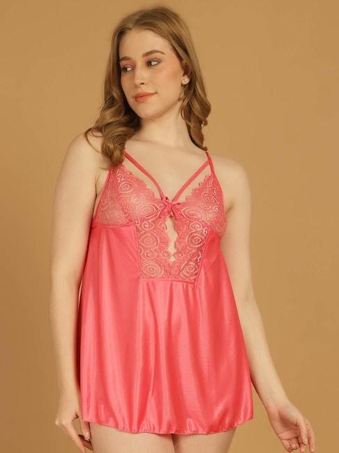 Stylee LIFESTYLE Pink Lace Work Babydoll With Brief