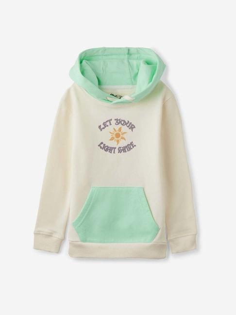 The Souled Store Kids Cream & Green Cotton Printed Full Sleeves Hoodie