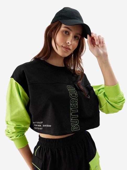 The Souled Store Black & Green Cotton Color-Block Cropped T-Shirt