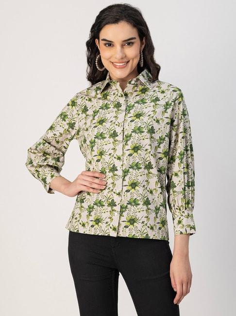 Moomaya Green Cotton Floral Print Shirt