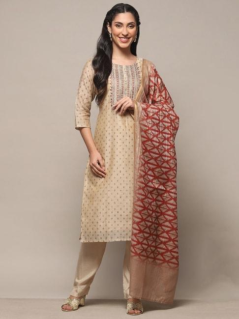Biba Beige Embroidered Chanderi Unstitched Dress Material