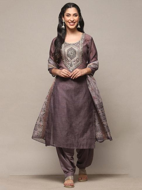 Biba Purple Embroidered Chanderi Unstitched Dress Material