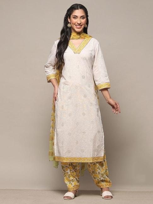 Biba White & Yellow Printed Unstitched Dress Material