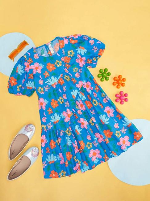 Pantaloons Junior Blue Cotton Floral Print Dress