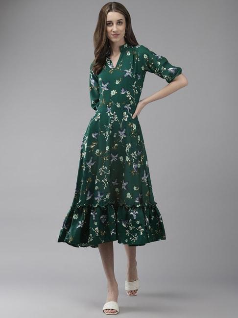 Aarika Green Floral Print A-Line Dress