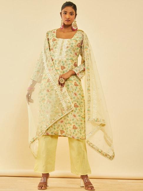 Soch Light Yellow Cotton Kalamkari Unstitch Dress Material With Faux Mirror
