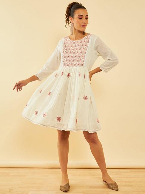 Soch White & Pink Cotton Embroidered A-Line Ethnic Dress