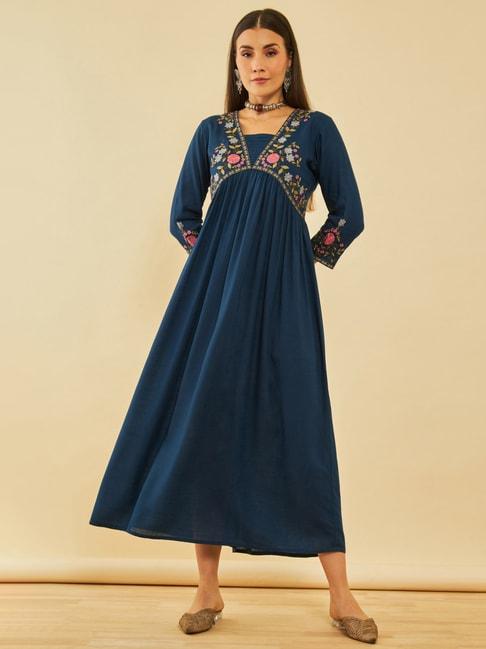 Soch Blue Rayon Slub Floral Embroidered Empire Ethnic Dress