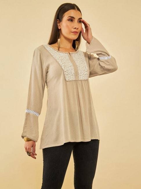 soch-beige-crepe-yoke-design-embroidery-tunic-with-lace