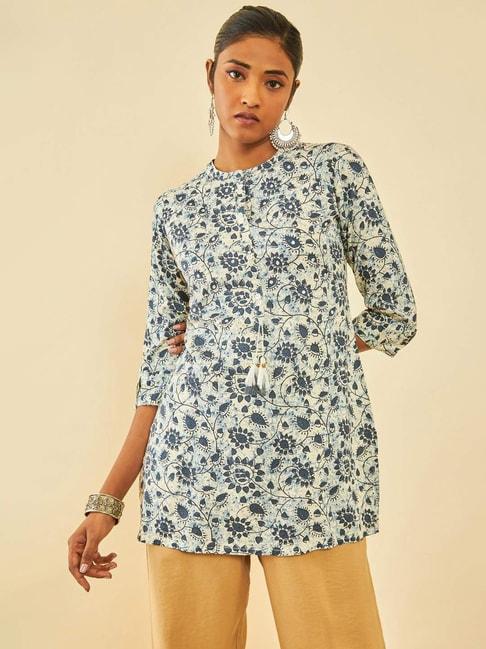 Soch Off White Rayon Floral Printed Tunic With Tassels