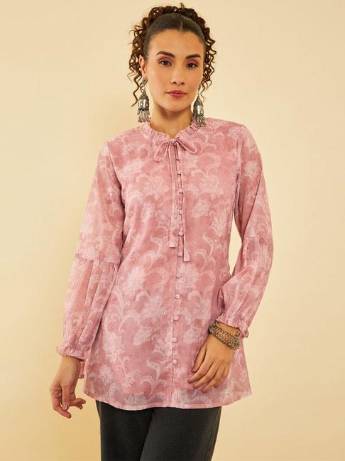 Soch Peach Georgette Floral Printed Ruffle Neck Tunic With Tie-Ups