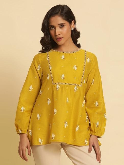 W Yellow Cotton Printed Top