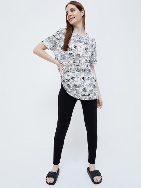 Ginger by Lifestyle White & Black Cotton Printed T-Shirt Pyjamas Set