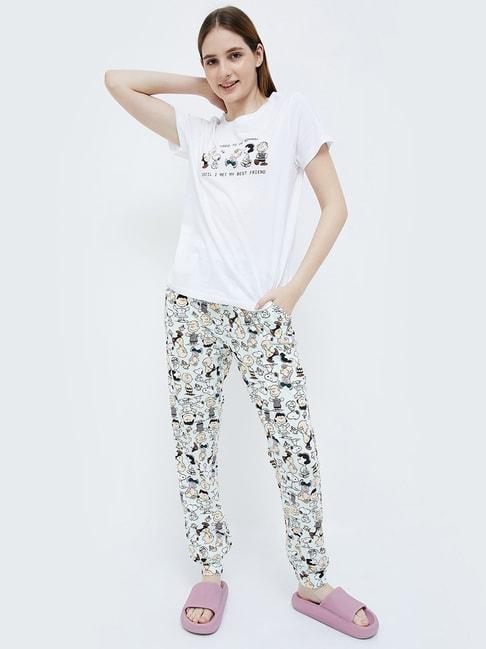 Ginger by Lifestyle White Cotton Printed T-Shirt Pyjamas Set