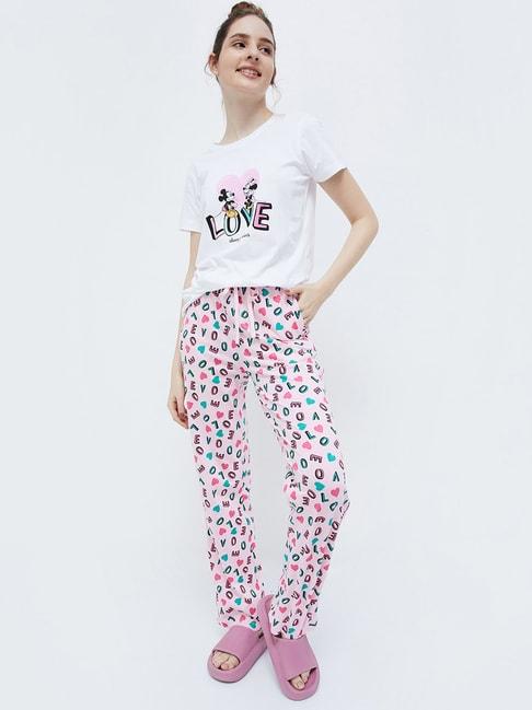 Ginger by Lifestyle White & Pink Cotton Printed T-Shirt Pyjamas Set