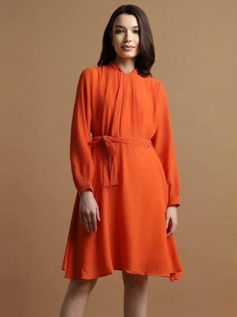 Allen Solly Orange Textured Pattern A-Line Dress