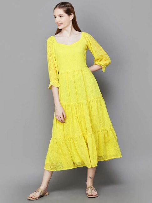 Colour Me by Melange Lime Yellow Embroidered A-Line Dress