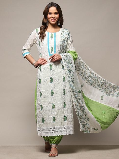 Biba Green & White Printed Cotton Unstitched Dress Material