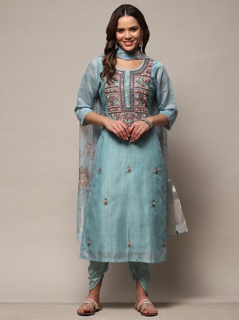 Biba Blue Embroidered Chanderi Unstitched Dress Material