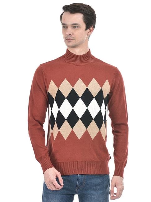 Numero Uno Brick Red Cotton Regular Fit Printed Sweater