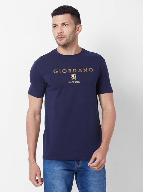 Giordano Navy Cotton Slim Fit Printed T-Shirt