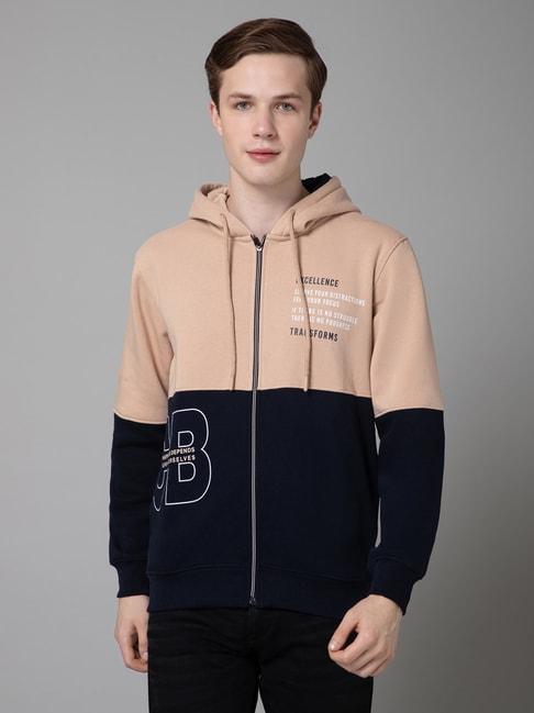 cantabil-navy-&-beige-regular-fit-colour-block-hooded-sweatshirt