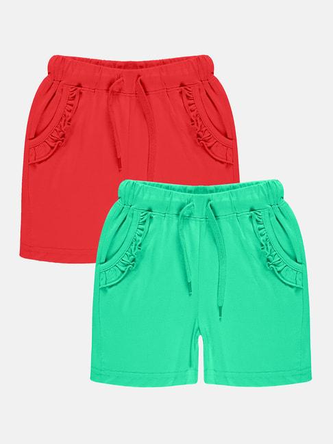 Kiddopanti Kids Red & Green Solid Shorts (Pack Of 2)