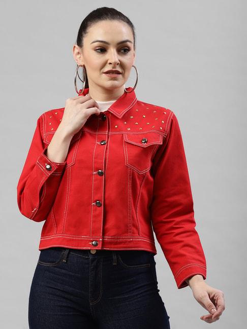 KASSUALLY Red Cotton Embellished Denim Jacket