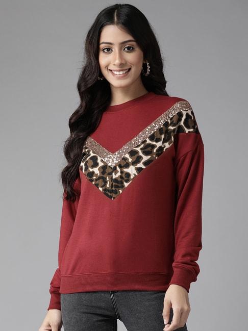 KASSUALLY Red & Beige Cotton Embellished Sweatshirt