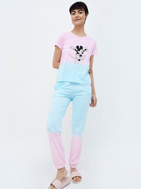 Ginger by Lifestyle Sky Blue & Pink Cotton Printed T-Shirt Joggers Set