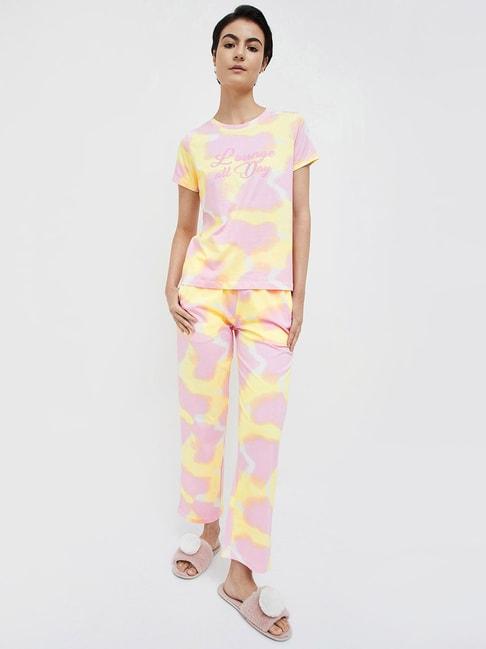 Ginger by Lifestyle Yellow & Pink Cotton Printed T-Shirt Pyjama Set
