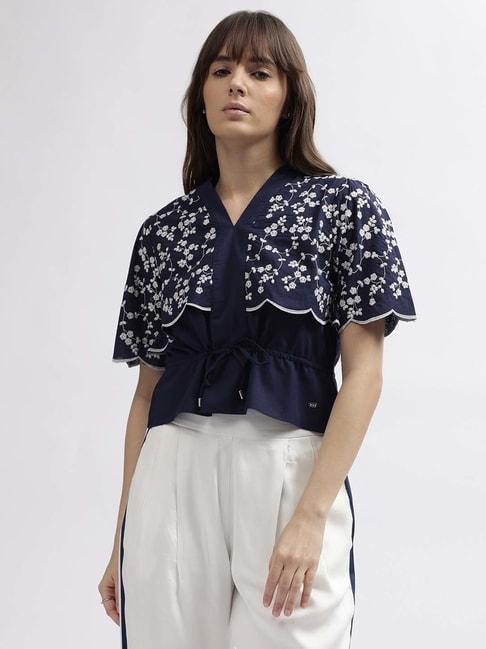 Elle Navy Cotton Embroidered Top