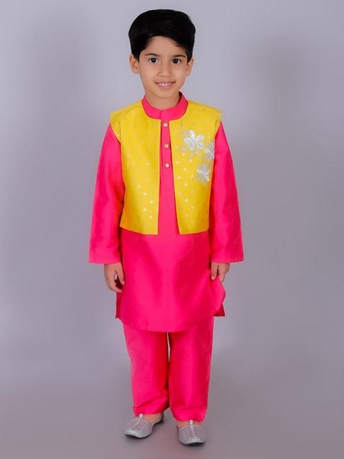 Lil Drama Kids Pink & Yellow Embroidered Full Sleeves Kurta, Pants with Jacket