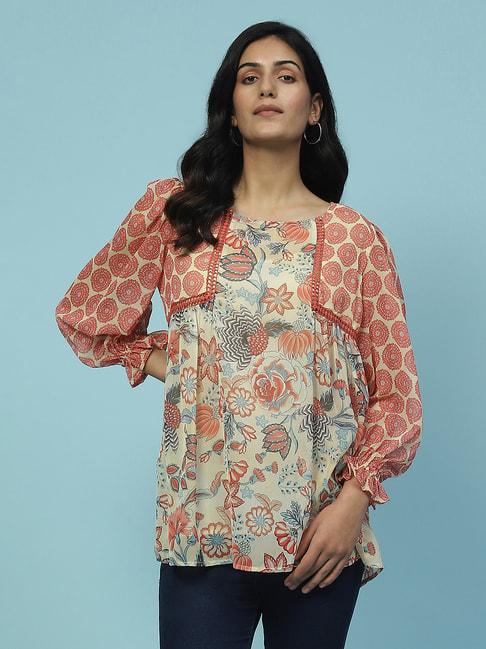 aarke Ritu Kumar Off White Floral Print Top With Camisole