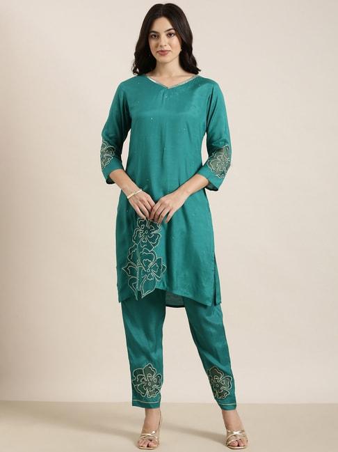 SHOWOFF Green Embellished Kurti With Pants
