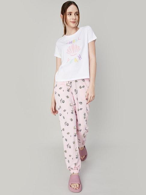 Ginger by Lifestyle White & Pink Cotton Printed Top & Pyjama Set