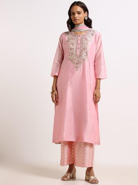 vark-by-westside-pink-embroidered-kurta,-palazzos-with-dupatta-set