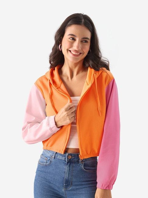 The Souled Store Orange & Pink Color-Block Oversized Crop Hoodie