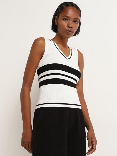 Studiofit by Westside White & Black Knitted Striped T-Shirt