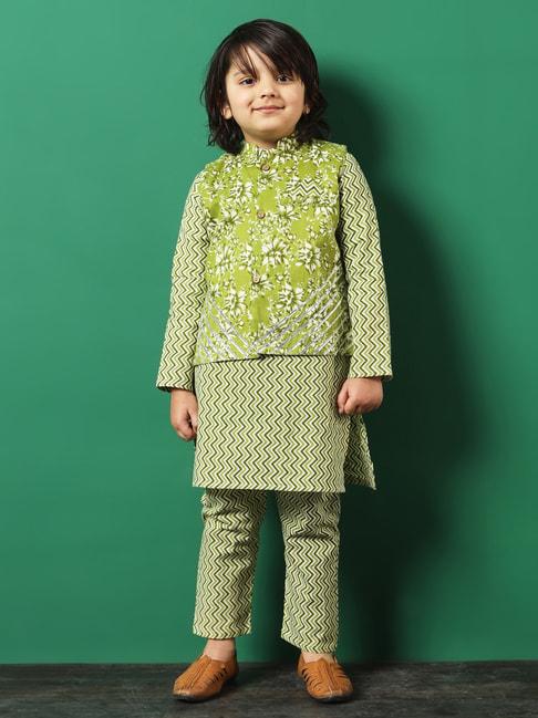 READIPRINT FASHIONS Kids Green Printed Full Sleeves Kurta, Pyjamas with Jacket