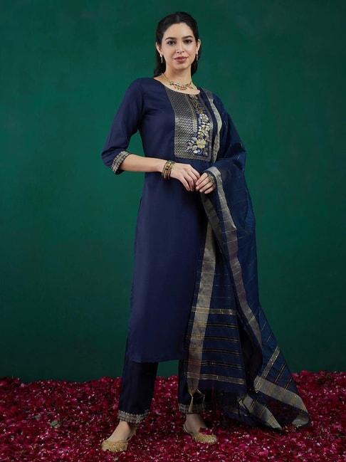 Indo Era Blue Cotton Woven Pattern Kurta and Pant Set With Dupatta