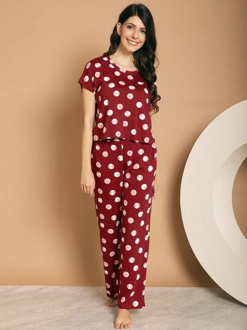Kanvin Maroon Cotton Printed Top Pyjamas Set