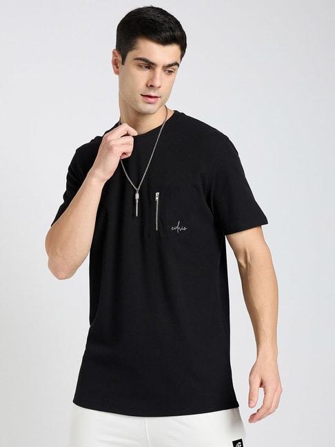 EDRIO Black Regular Fit Textured Crew T-shirt